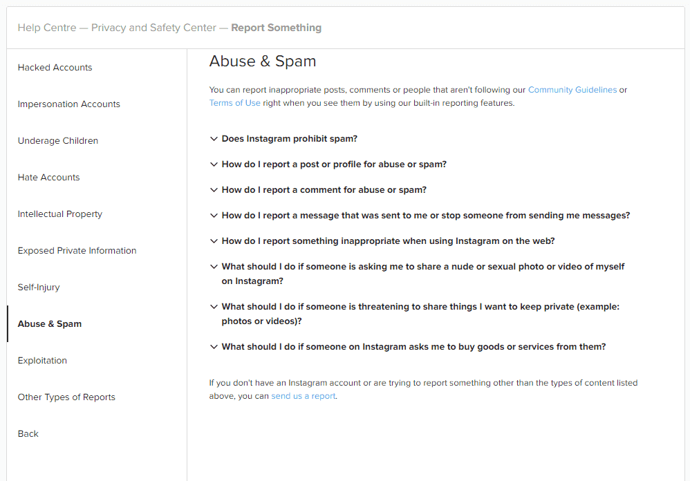 instagram abuse & spam page