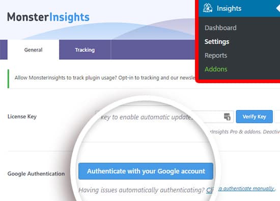 Monsterinsights review-authenticate google analytics