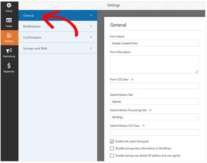 Settings form. Как настроить honeypot for contact form.