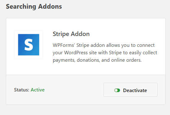 Stripe addon activated