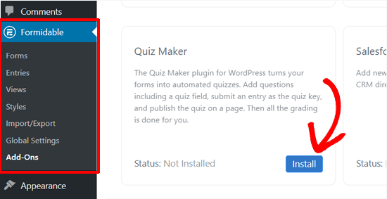 install formidable quiz maker